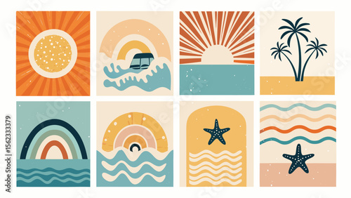 Eight Summer Sunset Inspired Illustrations with Sun Rainbows Palm Trees and Starfish 2