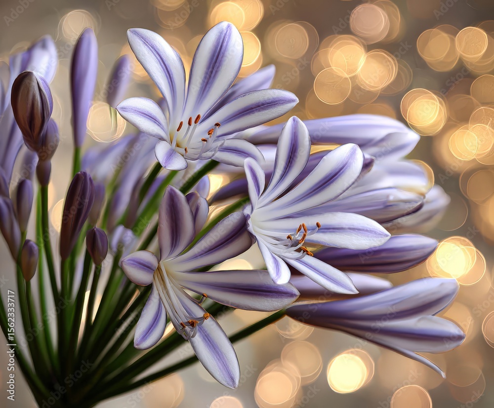 Fototapeta premium Agapanthus blooms with bokeh effect in a springtime garden