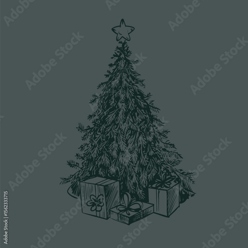 Christmas tree with star and gifts in toile style isolated. Vector.
