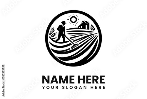 Illustration of a farmer with a rake in a field, a barn, and the sun, all within a circular frame.
