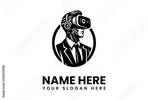 A stylized robot bust wearing a VR headset, depicted in black and white within a circular frame.