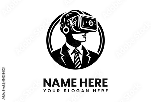 Man wearing VR headset, dressed in suit and tie, inside a circular frame.