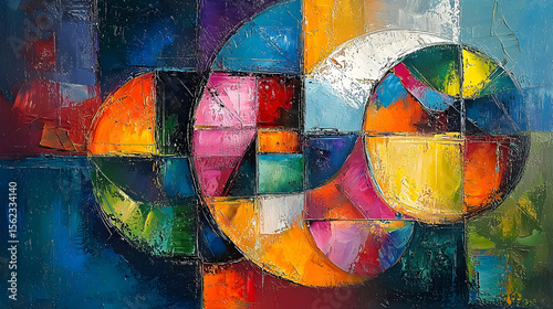 Abstract geometric composition with overlapping circles and vibrant colors.  Geometric shapes, bold color palette, and visible brushstrokes create a dynamic interplay. Circles, squares, and triangles