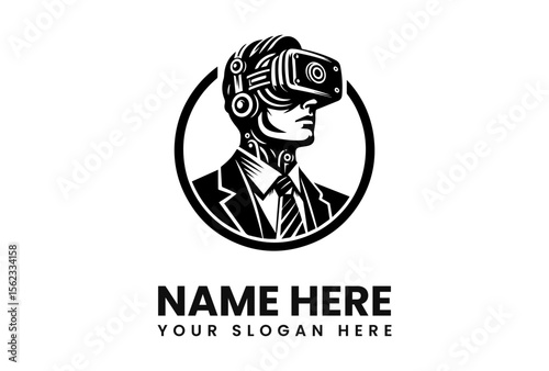 A stylized monochrome logo depicts a businessman wearing a virtual reality headset, embodying technological advancement and future business.