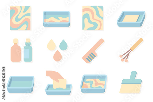 Marbling art kit vector illustration for creative designs in flat style