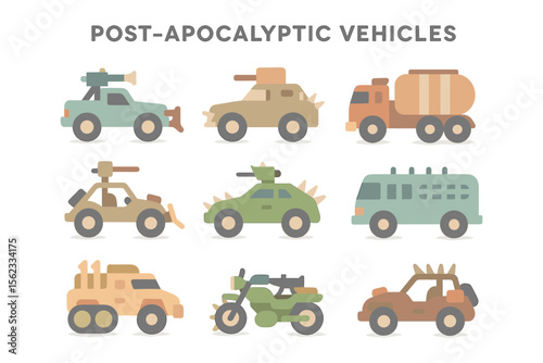 Post-apocalyptic vehicles vector illustration: flat style design for cards and posters