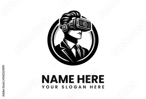 A stylized logo featuring a person wearing a virtual reality headset.