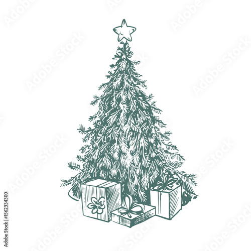 Christmas tree with star and gifts in toile style isolated. Vector.