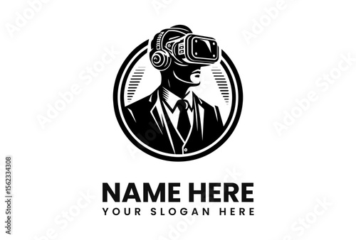 A stylized monochrome logo depicts a businessman wearing a VR headset, embodying technological advancement in a classic design.