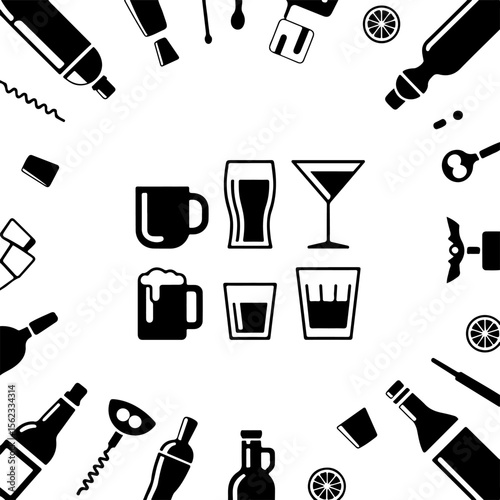 Black and White Cocktail Icons Circular Frame Beer Mug Glass Bottle Shaker vector