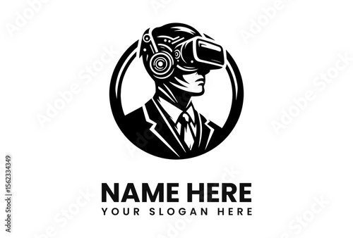A stylized illustration of a person wearing a virtual reality headset, inside a circle.