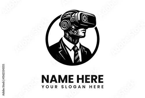 A stylized logo featuring a robotic head wearing a VR headset, dressed in a suit and tie, inside a circle.