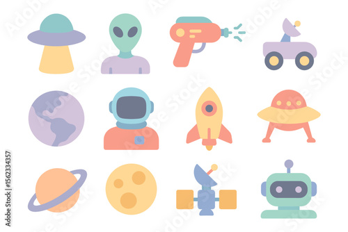 Space exploration vector illustration: flat style icons for digital design and print