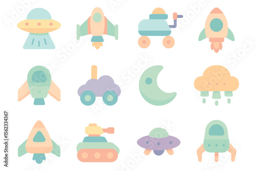 Space adventure elements vector illustration for children's design in flat pastel style