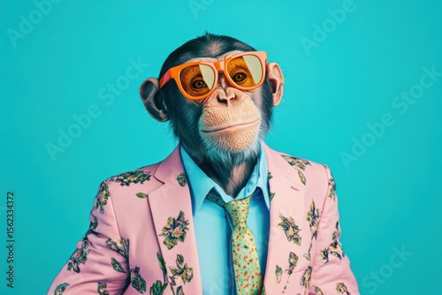 Cool chimpanzee in floral suit and sunglasses