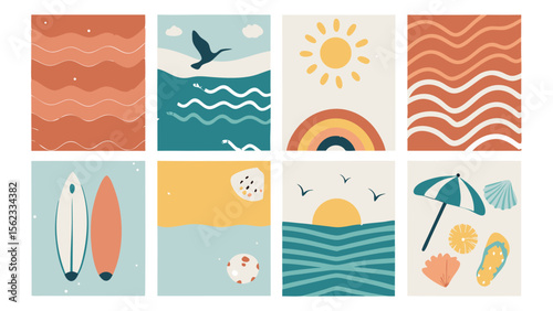 Whimsical Summer Illustrations Bundle: Beach Sun Waves Surfboards