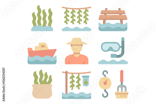Coastal activities and sea life vector illustration for summer design projects in flat style