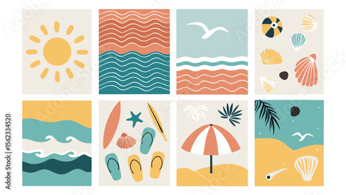 Summer Beach Illustrations Bundle Sun Waves Seashells Surfboard Flip Flops