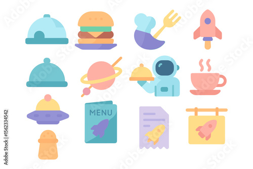 Space and dining icon set vector illustration for menu and design in flat style