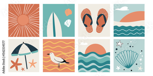 Summer Beach Illustrations Bundle Sun Surfboard Flip- Flops Seashells