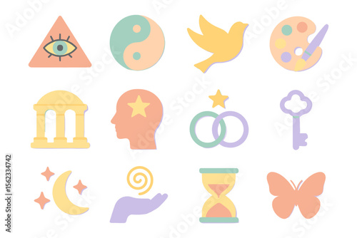 Pastel icons collection vector illustration: spiritual quest and balance for digital design