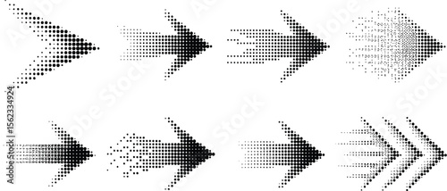 Halftone arrow vector set, dotted arrows, direction indicators, black and white