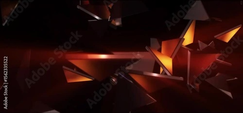 An abstract video featuring numerous translucent, reflective geometric shapes, primarily triangles and polygons, scattered against a dark background with warm, glowing light reflecting off them.
