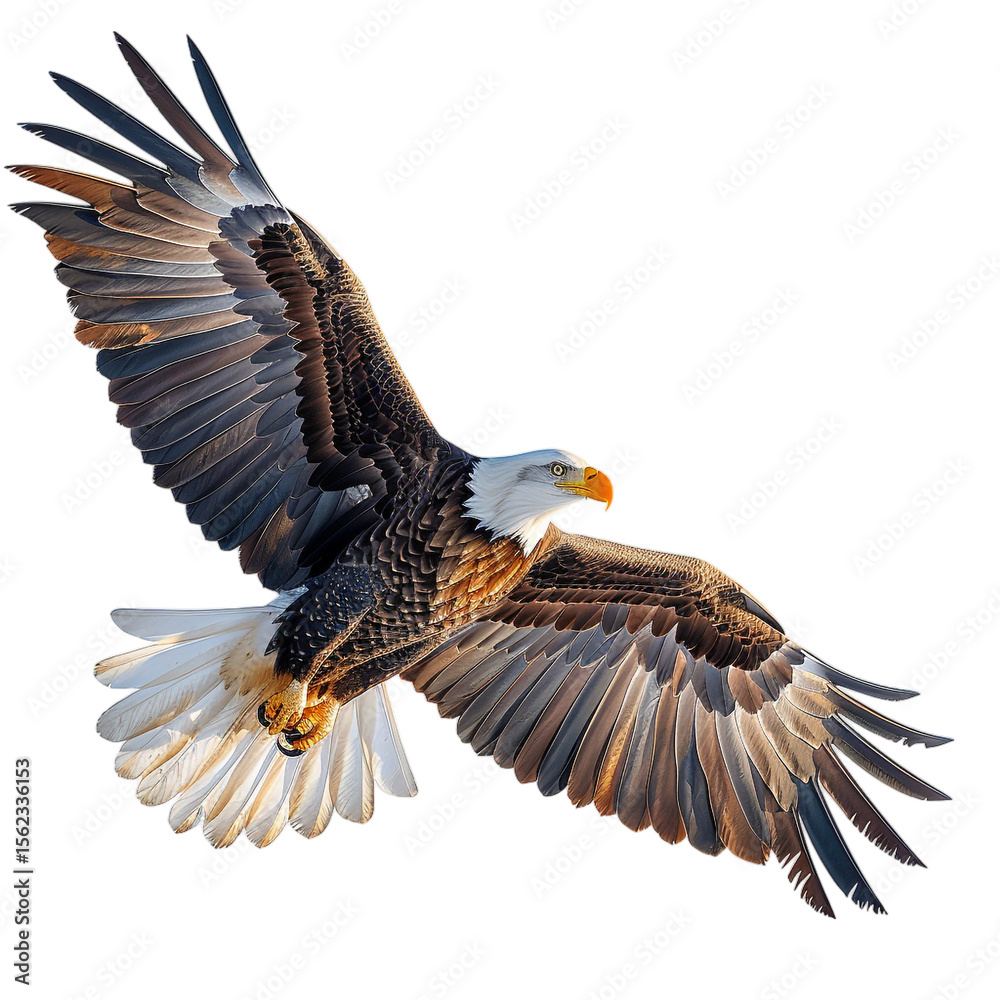 Obraz premium Bald eagle in mid-flight with wings fully extended and talons open, strong feather detail, transparent background. 