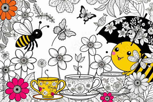 Whimsical Tea Party Coloring Page-Floral Designs-Butterflies and Bees-Relaxing Activity-Adult Coloring Book-Kids Coloring Fun-Art Therapy-Creative Outlet-Spring Vibes