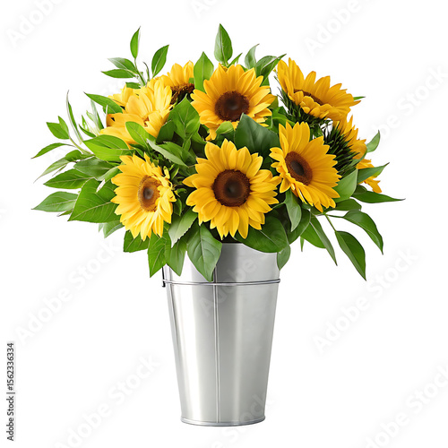 Bright yellow sunflower bouquet in a silver bucket isolated on transparent background