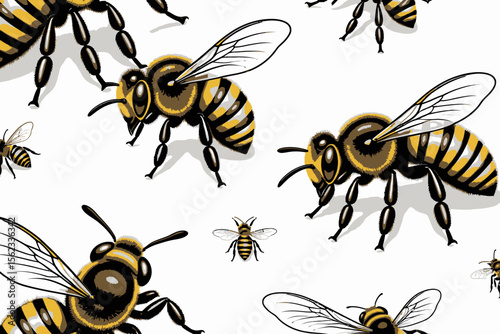 Bees on White Background-Detailed Bee Illustration- Honeybee Close Up-Black and Yellow Stripes-Nature and Wildlife-Pollination Theme-Insect Art-Bee Illustration for Web Design