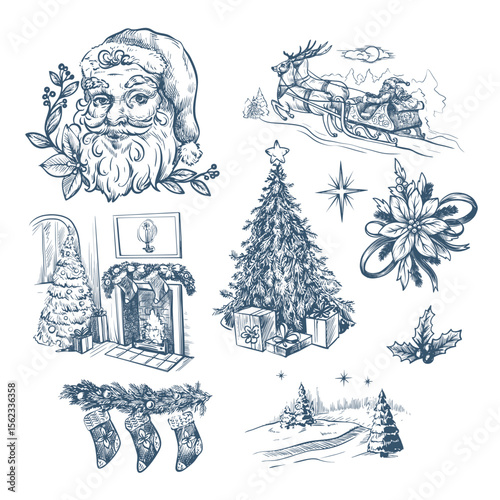 Santa, fir trees and other Christmas elements in toile style isolated. Vector.