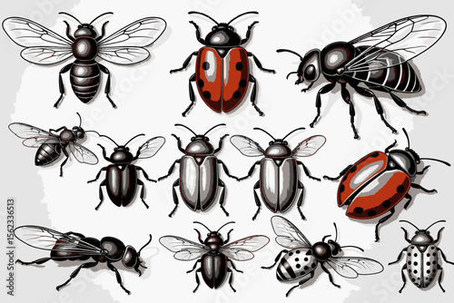 Variety of Insects Illustration-Bees-Ladybugs-Beetles-Detailed Entomological Drawing-Insect Identification Guide-Bug Illustrations-Insect Art-Nature Study-Pest Control Reference