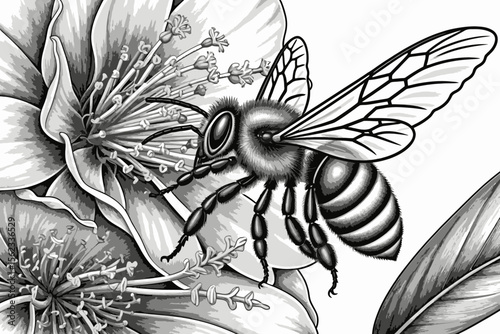 Monochrome Majesty- Detailed Pencil Drawing of a Bee Pollinating a Flower- Intricate Insect Illustration- Nature Art for Pollinator Lovers- Black and White Honeybee Art