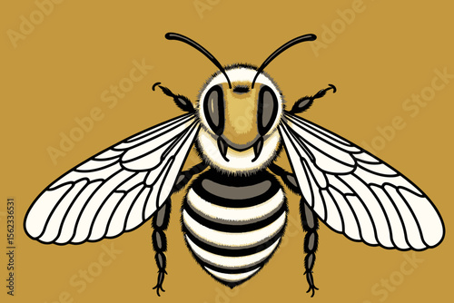 Illustration of a Honeybee on a Gold Background- Close-up of a Cartoon Bee with Black and White Stripes- Perfect for Educational or Nature-Themed Projects