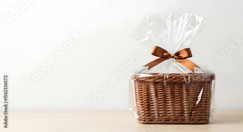 Elegant wicker gift basket wrapped in cellophane with a satin brown bow, perfect for holiday gifting, special occasions, birthdays, or corporate thank you events, on wooden table background