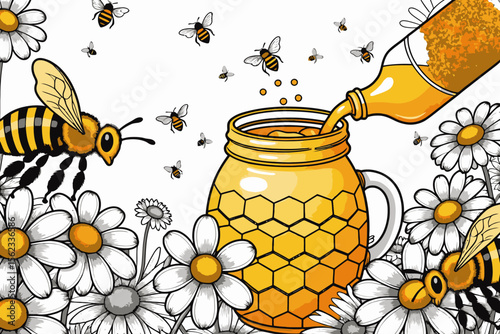 Honey Jar Delight-Busy Bees Hovering-Sweet Nectar Pouring-Daisies in Bloom-Natural Honeycomb Pattern-Pure and Organic-Harvest Season-Artistic Bee Illustration