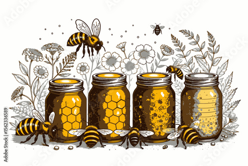 Honey Jars and Bees Illustration- Whimsical Honeycomb Design with Flowers and Flying Insects- Perfect for Nature Lovers- Honey Themed Art