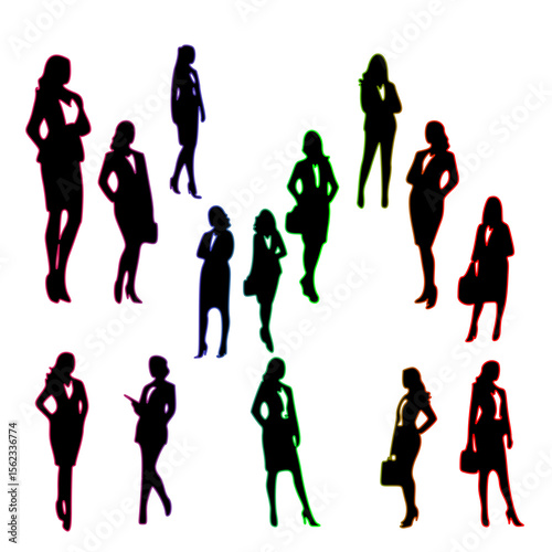 A collection of business professional vector illustrations featuring both men and women in various standing and walking poses. These illustrations include silhouettes and detailed figures dressed in f