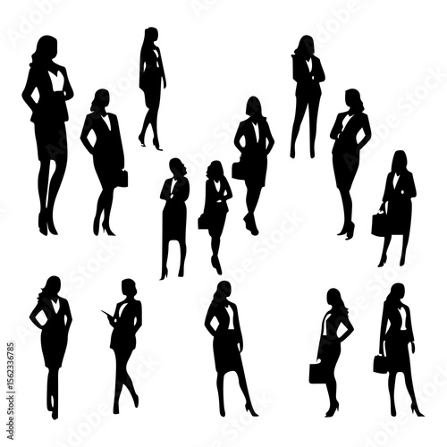 A collection of business professional vector illustrations featuring both men and women in various standing and walking poses. These illustrations include silhouettes and detailed figures dressed in f