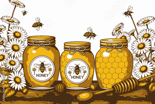 Delicious Honey Jars with Bees and Daisies-Fresh Local Honey Illustration-Honeycombs and Wooden Spoons-Perfect for Food and Beverage Blog Posts-Sweet Treat Image-Natural Honey Theme