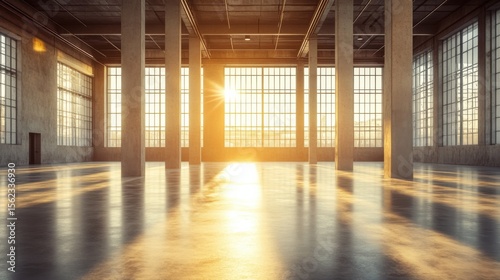 Spacious industrial warehouse lit by morning sun