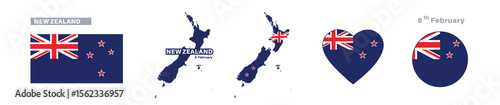 new zealand flag and map set. new zealand flag in official colors and proportions. independence day 6 february , map, circle and heart shaped new zealand