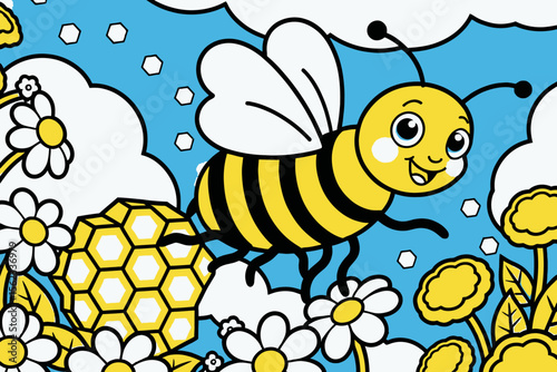 Cute Cartoon Bee with Honeycomb and Flowers Illustration - Cheerful Bee Art for Kids and Educational Purposes - Colorful Bee Graphic for Spring and Summer Projects