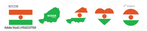 niger flag and map set. niger flag in official colors and proportions. independence day 3 august, map, circle and heart shaped niger 