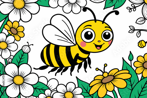 Cute Bee Cartoon Illustration - Whimsical Honeybee with Flowers - Children's Art - Springtime Fun - Perfect for Coloring Pages and Educational Materials