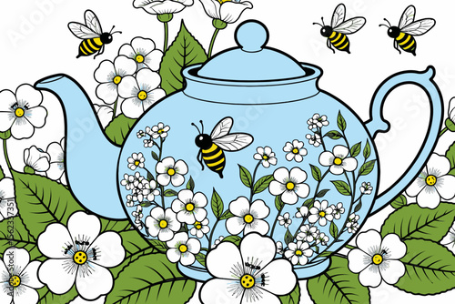 Blue Teapot with Flowers and Bees Illustration - Whimsical Tea Time Art - Nature Inspired Kitchen Decor - Vintage Style Teapot Image