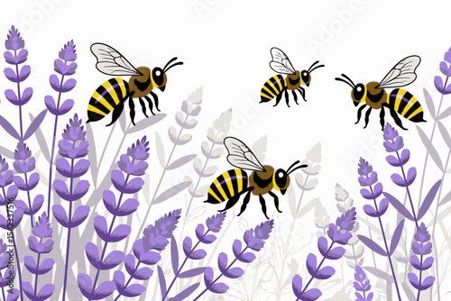 Bees and Lavender Illustration-Cartoon Bees Pollinating Purple Lavender Flowers-Summer Scene with Cute Bee Characters-Nature and Wildlife Artwork