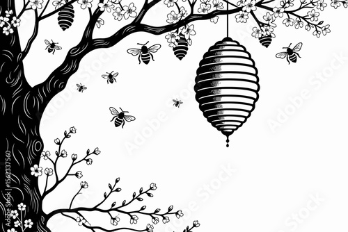 Beehive Illustration-Black and White Bee Art-Floral Tree with Bees-Honeybee Home-Modern Insect Design-Natural Art Print-Minimalist Nature Scene