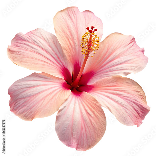 Delicate light pink hibiscus flower with vibrant red stamen isolated on transparent background